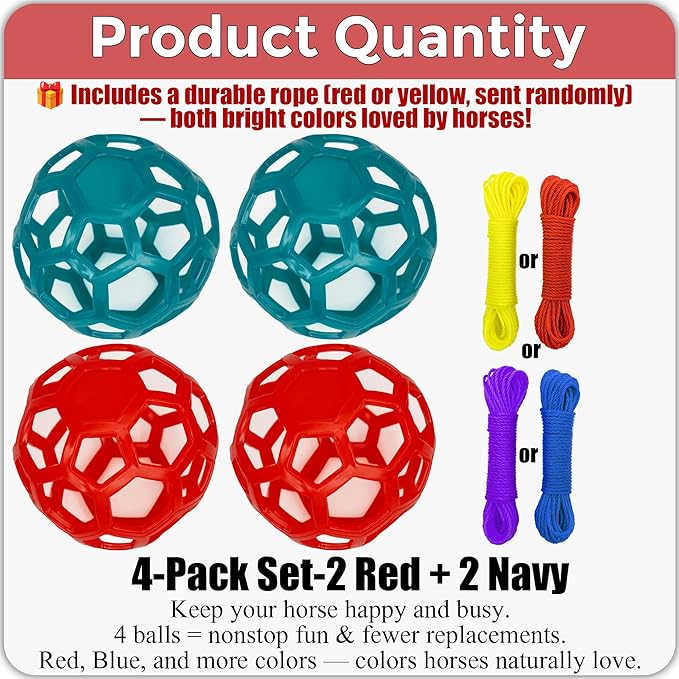 mayoken® 4 Pack Horse Treat Ball Hay Feeder Toy – Durable TPR Hanging Feeding Toy for Horse, Goat, Sheep & Pony – Enrichment to Relieve Stress & Prevent Boredom (Red + Blue)