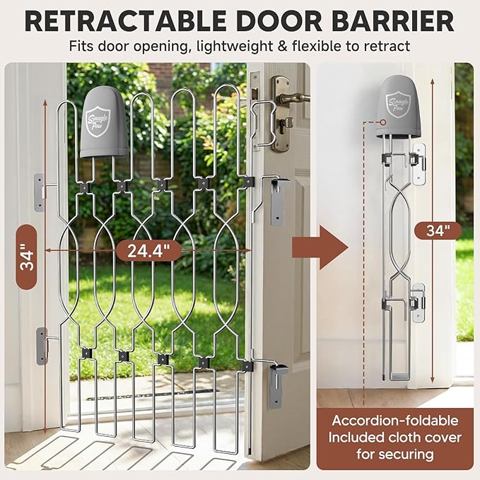 Snagle Paw Extra Tall Metal Retractable Door Barrier, 24.4" Wide 35" Tall Safety Dog Gate for Front Door,Easy Install Retractable Pet Gate for Recreational Vehicle,Doorways