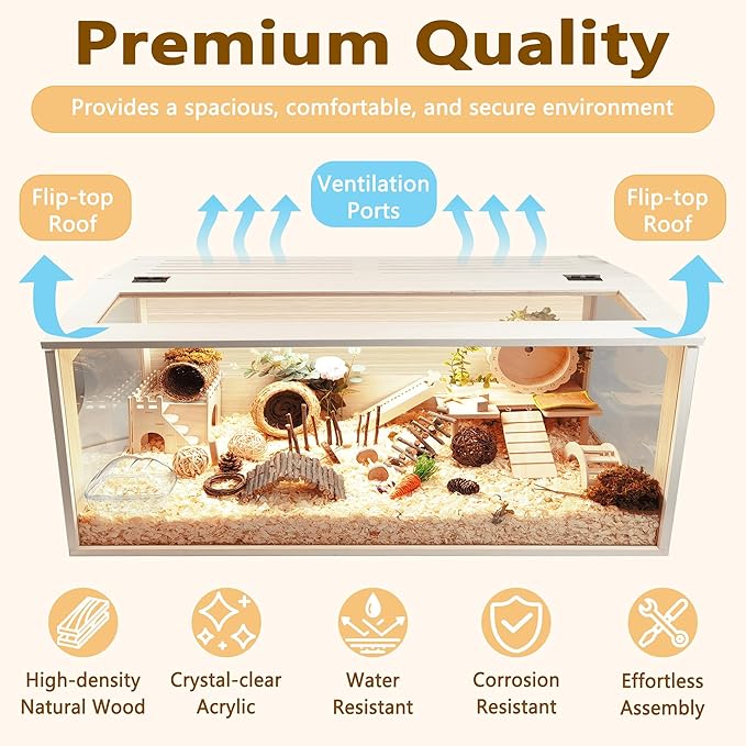 PROLEE Hamster Cage with Chewproof Wood Top, Guinea Pig Cages, Hamster Habitat with Clear Acrylic Sheets Solid Built, Small Animal Cage (Oak, 48X19.5X19.5 inch)