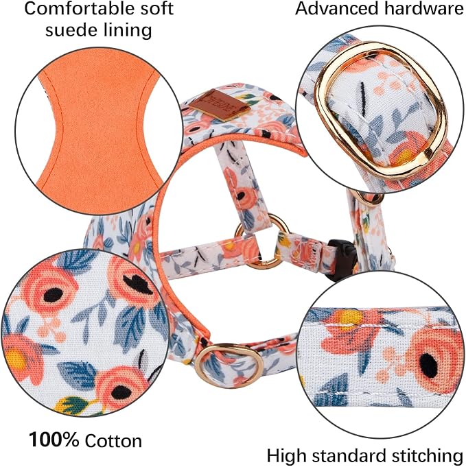 CHEDE No Pull Floral Pattern Dog Harness- Lightweight, Soft, Adjustable Small Harness and Leash Set, Suitable for Puppy Small and Medium-Sized Dog (M, Orange Rose)