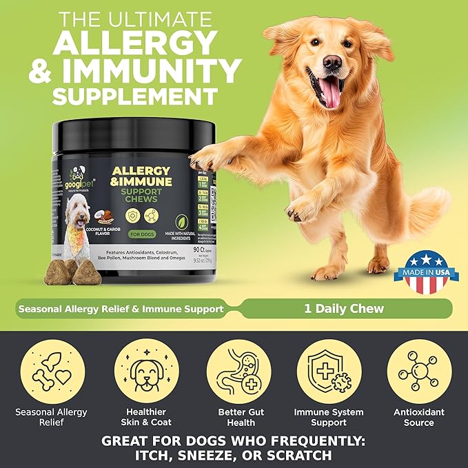 Googipet Dog Allergy Chews, Seasonal Dog Allergy Relief & Itchy Skin Relief, Skin & Coat Supplement Colostrum, Coconut Oil, Omega 3 Fish Oil, & Bee Pollen for Dogs Itch Relief