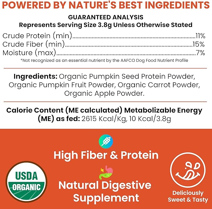 Organic Pumpkin Powder for Dogs - 16 oz of Powder for Dog Digestion with 5cc Scoop - Made with Pumpkin, Apple, and Carrots - Made in The USA