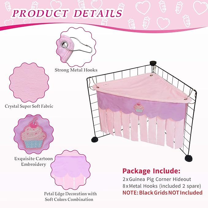 2 PCS Guinea Pig Hideout, Cute Guinea Pig Corner Fleece Forest Hideaway 3-Side Curtain, Rabbit Hammock Toy and House Bed for Bunny, Ferret, Rat and Small Animal Cage Accessories (Pink+Purple)