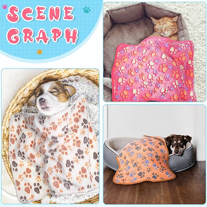 Tatuo 4 Pcs Dog Blanket for Pet Cat Blankets Indoor Puppy Teething Stuff Toys Paw Print Fleece Blanket Warm Sleep Mat for Guinea Pig Cage(White,Small(24 x 16 Inch))