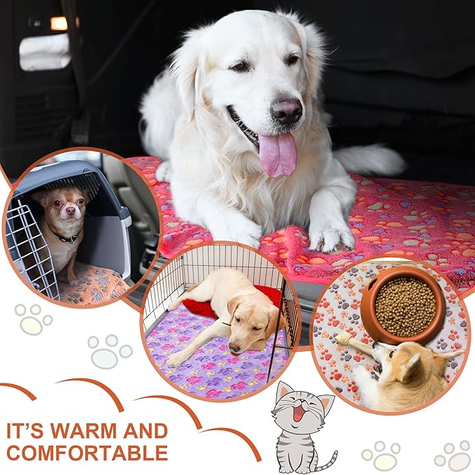 Tatuo 4 Pcs Dog Blanket for Pet Cat Blankets Indoor Puppy Teething Stuff Toys Paw Print Fleece Blanket Warm Sleep Mat for Guinea Pig Cage(White, Coffee, Pink, Purple,Midwest (24 x 47 Inch),Square)