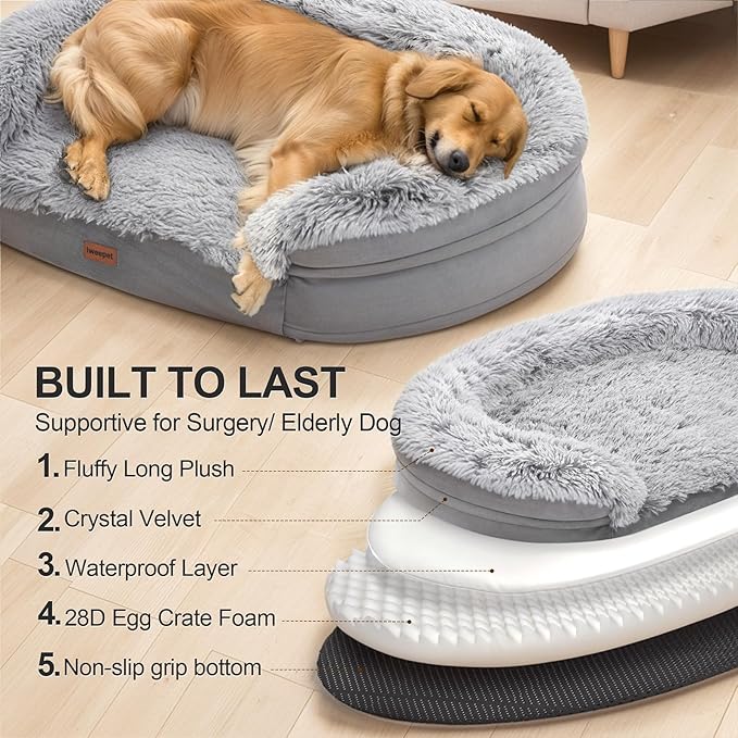 iweepet 3.7 inch Thickened Orthopedic Dog Beds for Extra Large Dogs, Fluffy Supportive Dog Sofa Bed with 28D Egg-Crate Foam, Removable Washable Cover, Waterproof Lining, Cozy Oval Design,Grey