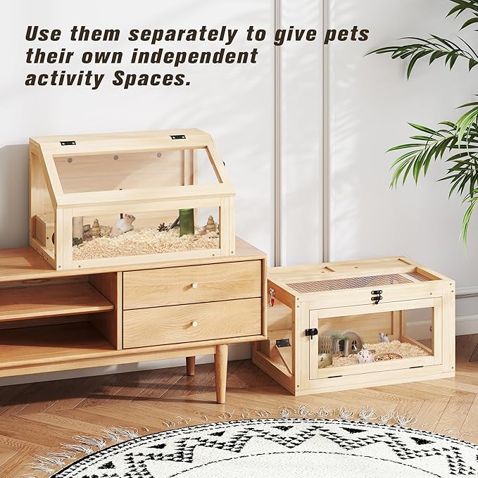 COZIWOW 2-Tier Wood Hamster Cage, Guinea Pig House with Hideouts, Ramps, Acrylic Window, Door Access, Detachable Squirrel Cage for Hedgehogs Gerbils Mice Small Animals, Natural