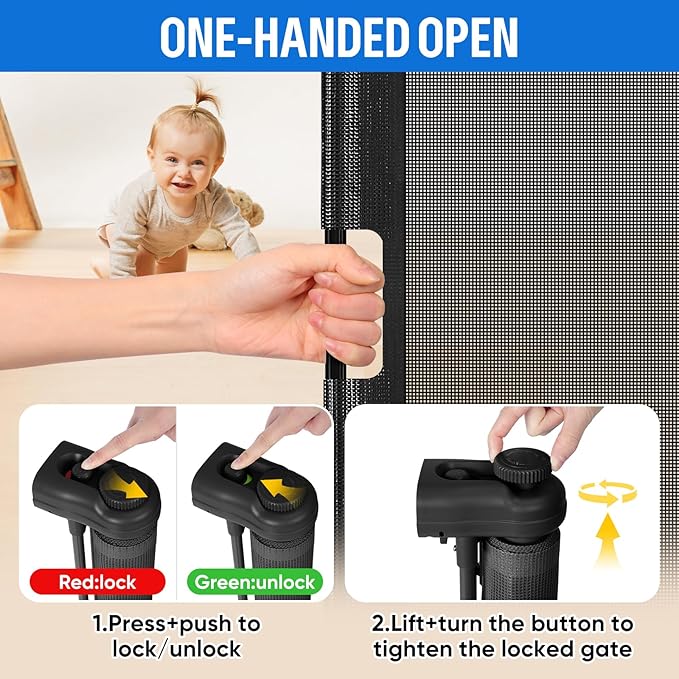 34X100” Extra Wide Safety Retractable Baby Gate, Extra Wide Safety Kids or Pets Gate, 34” Tall, Extends to 100” Extra Wide, Built-in Reinforce Strip Mesh Safety Dog Gate for Stairs (Black)