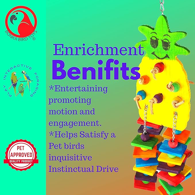 Bonka Bird Toys 1733 Medium Pineapple Toys Colorful Chew Wood Hanging Pulling Parrot Parrotlet Cockatoo African Grey Macaw