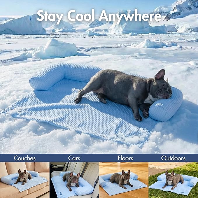 Spark Paws Cooling Couch Cover Dog Bed, Furniture Protector Mat, Non-Toxic Washable Pet Cooling Pad for Large & Small Dog - Waffle Blue - Size S