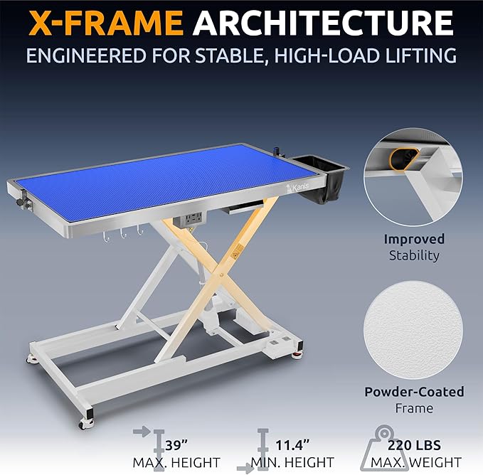 KANIS Professional Electric Dog Grooming Table - Heavy Duty, Height Adjustable Pet Grooming Table w/Leveling Wheels, Grooming Arm, Anti Slip Tabletop & Tool Organizer/Dog Grooming Station (White, 49")
