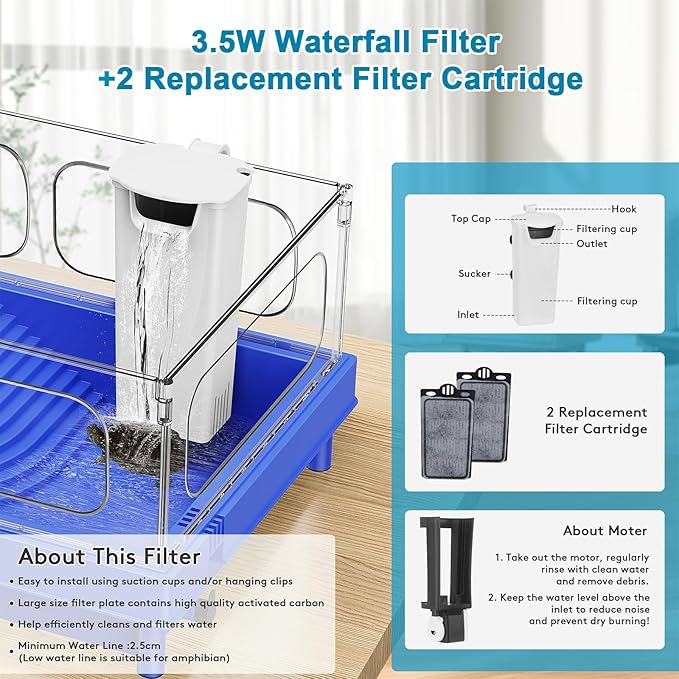 Turtle Tank Starter Kit with Filter, 10 Gallon Aquarium, Easy to Install & Clean, Basking, Feeding & Swimming Areas for Small Turtles