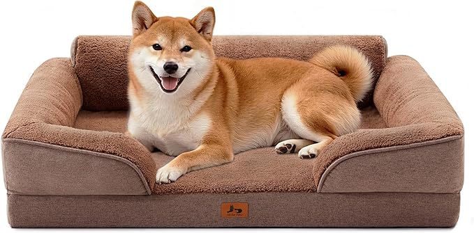 Orthopedic Dog Beds for Medium Size Dogs, Waterproof Egg-Crate Foam Pet Couch Bed with Soft Sides, Non-Slip Dog Sofa with Fleece Removable Washable Cover, 35" L Supportive Pet Sofa, Brown