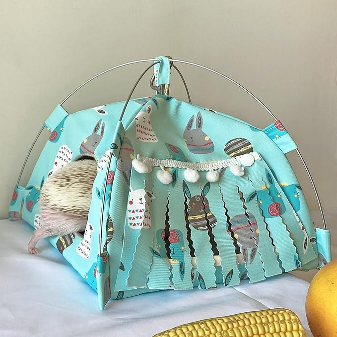 Portable Small Animal Tents House Cave Habitat Hideout with Forest Hidey Curtain for Hamster/Mice/Gerbil Rats/Guinea Pigs Hedgehog Nest Cushion Beds (Blue)
