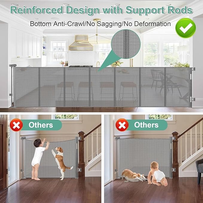 Reinforced 195 Inch Extra Wide Baby Gate Retractable Dog Fence with Support Rods – Prevent Crawling Under, 16 Foot Retractable Baby Gates Retractable Dog Gate Outdoor/Indoor Extra Long Pet Gate, Gray