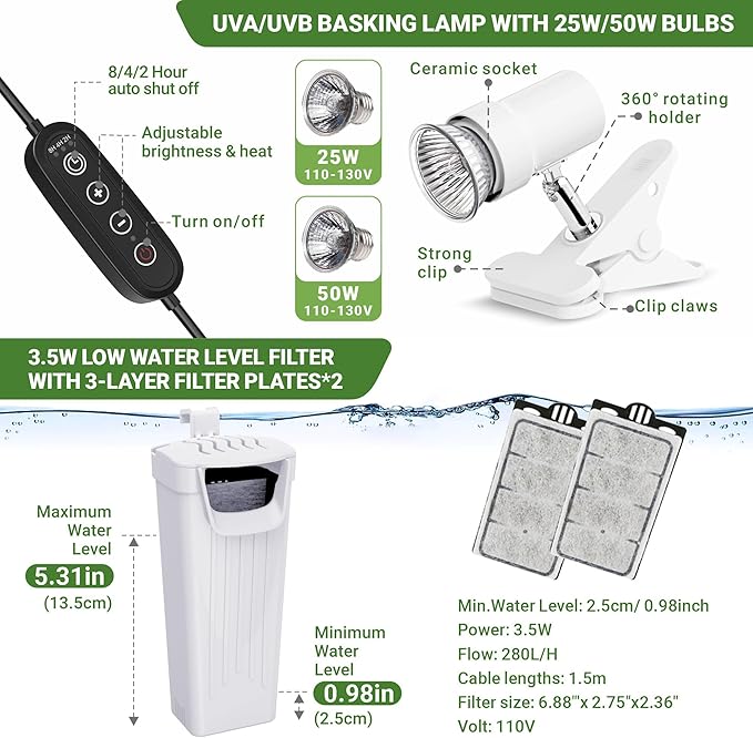 GOZILLA Aquatic Turtle Tank Kit+Lamp+Filter, Upgrade PC Turtle Tank Starter Kit with Adjustable Lamp & Filter,Reptile Habitat with Lid,Hanging Platform for Small Reptiles.(15.75×7.9×9''/White Kit)