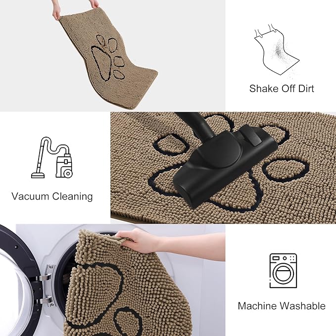 Smiry Dog Door Mat for Muddy Paws, Absorbent Dirt Trapper Non Slip Quick Dry Washable Chenille Mat for Mud Dogs, Entry Rug for Indoor and Outdoor (48x30 Inches, Camel and Black)