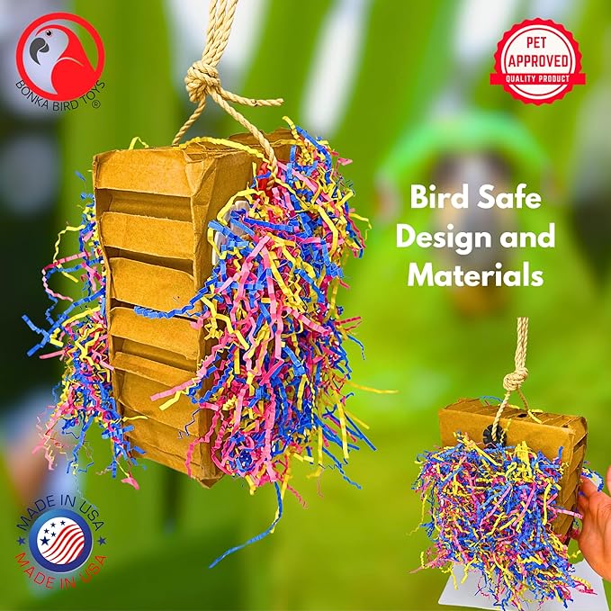 Bonka Bird Toys 3805 Extra Large Harry Box 17" x 7.5" Cardboard Shredding Toy with Sisal Rope for Chewing Foraging Medium to Large Birds Amazon, African Grey, Eclectus, and Similar