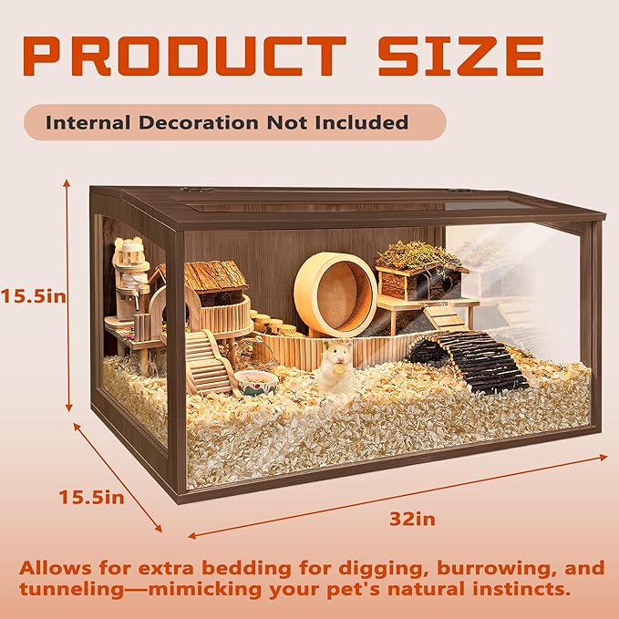 PROLEE Hamster Cage with Chewproof Wood Top, Guinea Pig Cages, Hamster Habitat with Clear Acrylic Sheets Solid Built, Small Animal Cage (Walnut, 32X15.5X15.5 inch)