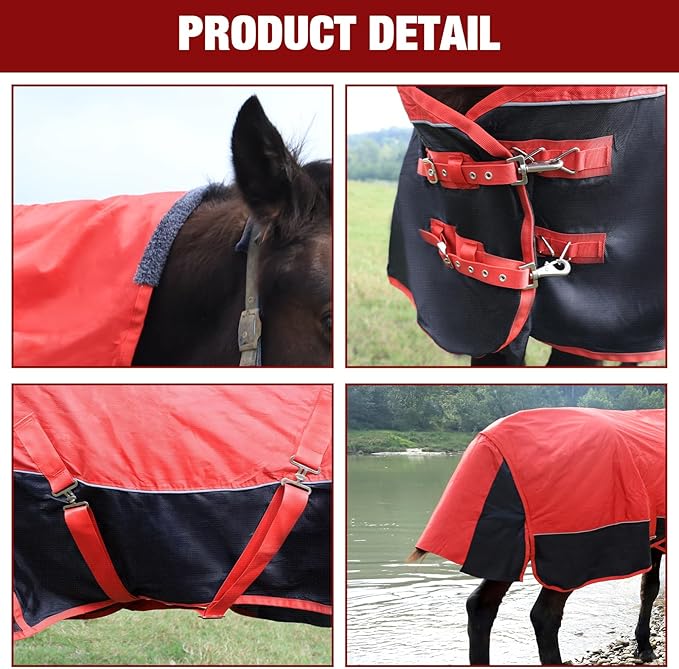 Horse Blankets Winter for Real Horses, 1600D Waterproof Poly Rain Sheets 78 in with Neck Cover Belly Wrap Tail Wrap Turnout Blanket, Stuff Care Medium Large Weight Heavy Outdoor Clothes Red Black