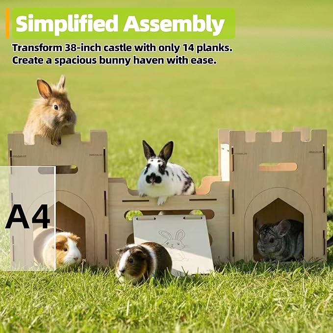 HIIMALEX Extra Large Wooden Bunny Castle House Multistory Climbing Tower Hideout Ventilated Sturdy Habitat for Rabbit Guinea Pig Chinchilla Ferret