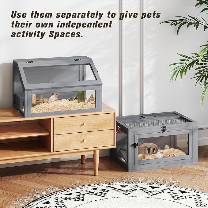 COZIWOW 2-Tier Wood Hamster Cage, Guinea Pig House with Hideouts, Ramps, Acrylic Window, Door Access, Detachable Squirrel Cage for Hedgehogs Gerbils Mice Small Animals, Gray