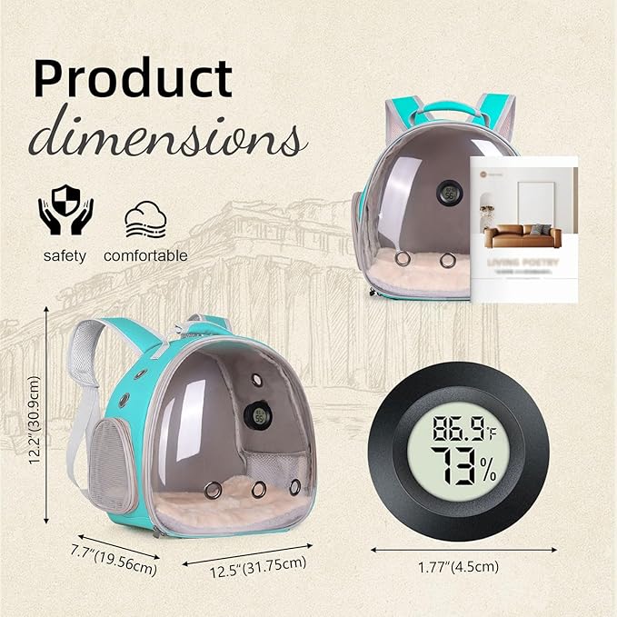 Bearded Dragon Travel Backpack Carrier with Reptile Thermometer and Humidity Gauge Lizard Travel Cage Space Capsule Clear Bubble Window Astronaut Reptile Carrier Bag for Ball Python (Green, Backpack)