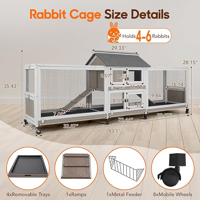 93" L Large Bunny Hutch Outdoor Indoor, with 2 Chew-Resistant Ramp, 4 Leak-Proof Removale Trays, 2-Story Wooden Waterproof Roof Bunny House Outdoor