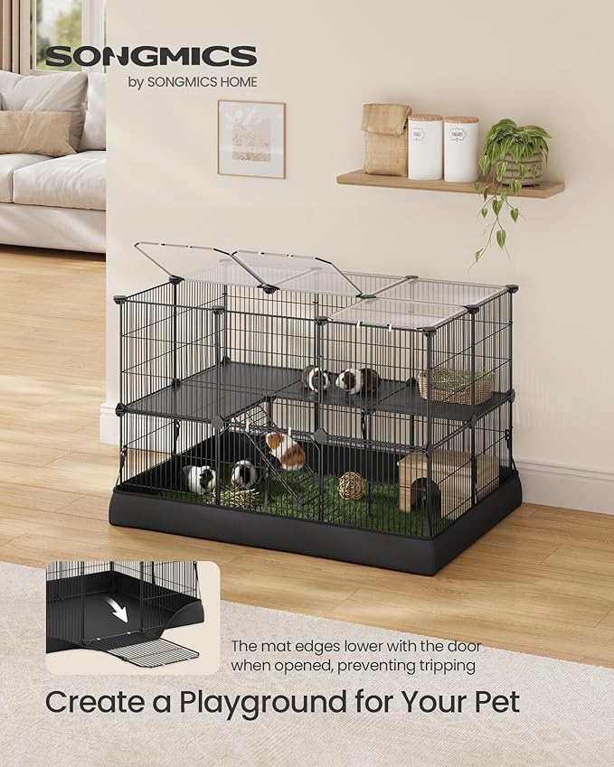 SONGMICS 2-Tier Guinea Pig Cage, Rabbit Cage, Small Animal Playpen with Waterproof Mat, Top and Side Door, 35 Panels, 36.6 x 24.8 x 24.2 Inches, Ink Black ULPI016BH01