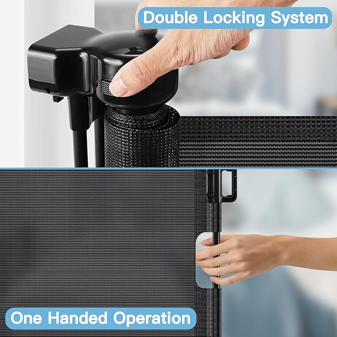 Short Dog Gate 0"-39" Wide Narrow Baby Gate 24” Tall Retractable Short Pet Gate to Step Over Short Baby Gate for Doorway, Low Pet Gate Indoor Doggie Gates Mesh Puppy Gate for Stairs, Black