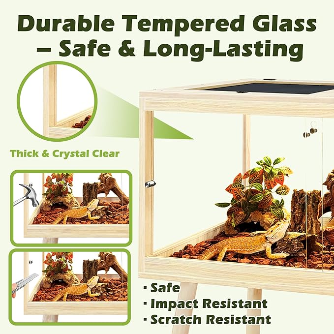 PROLEE Bearded Dragon Tank with Leg, 30 Gallon Tempered Glass Lizard Tank, Reptile Enclosure with Metal Mesh and Lockable Door, Reptile Tank for Snakes,Chameleon (Oak, 24x15.5x15.5 Inch)