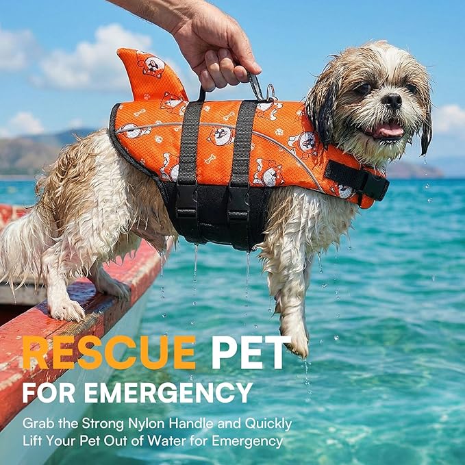 Queenmore Large Dog Life Vest for Swimming, Dog Life Jacket Large for Boating, Lightweight Dog Shark Life Jacket with Rescue Handle/Leash Hook/Reflective Strips