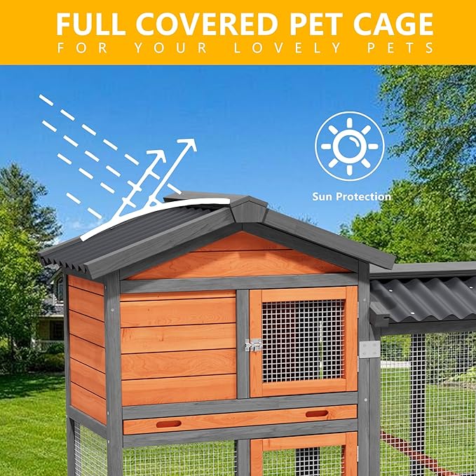 Chicken Coop, Chicken Run,Small Wooden Duck Coop Outdoor 2-Tier Hen House All Weather Used Poultry Quail Cage Rabbit Pet Hutch House with Ramp for Small Animals (Brown)