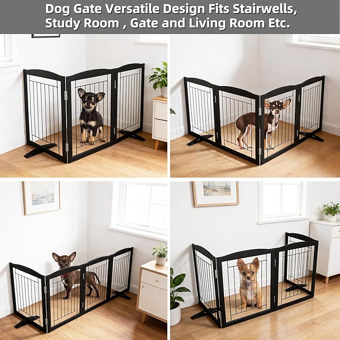 ZJSF Freestanding Dog Fence Indoor, Foldable Dog Gate for Doorways, Stairs or Hallways, Sturdy Wood Extra Wide Pet Gate with Support Feet for The House, Black, 32 "Height-3 Panels