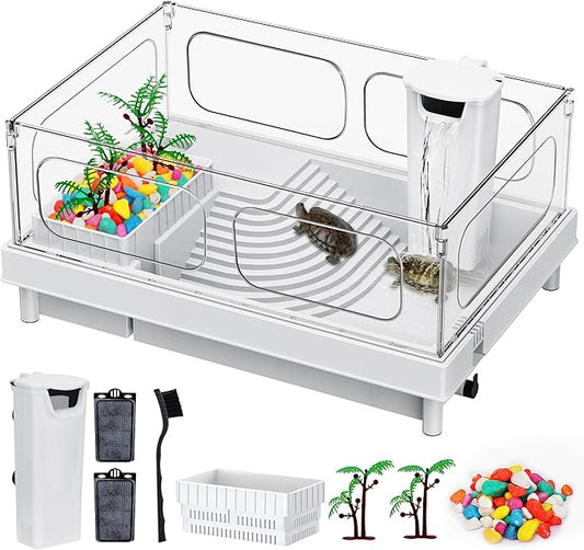 Turtle Tank Kit - Starter Aquarium with Filter, Brush, Easy to Install & Clean, for Turtles, Crabs, Small Reptiles
