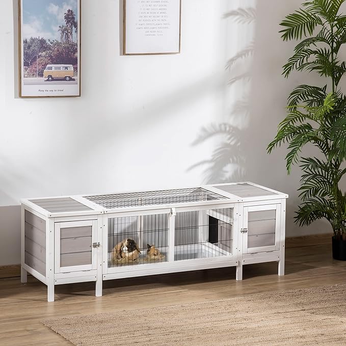PawHut Rabbit Hutch, Bunny Cage, Guinea Pig House with Pull-Out Tray, and Divided Board for Rabbits, Chickens, Ducks, Indoor, White