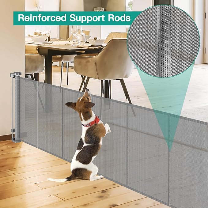 24 Inch Tall x 110 Inch Extra Wide Retractable Dog Gate for The House, Short Baby Gate to Step Over, Reinforced Mesh Puppy Gate for Doorways, Step Over Pet Gate for Stairs, Indoor/Outdoor, Gray