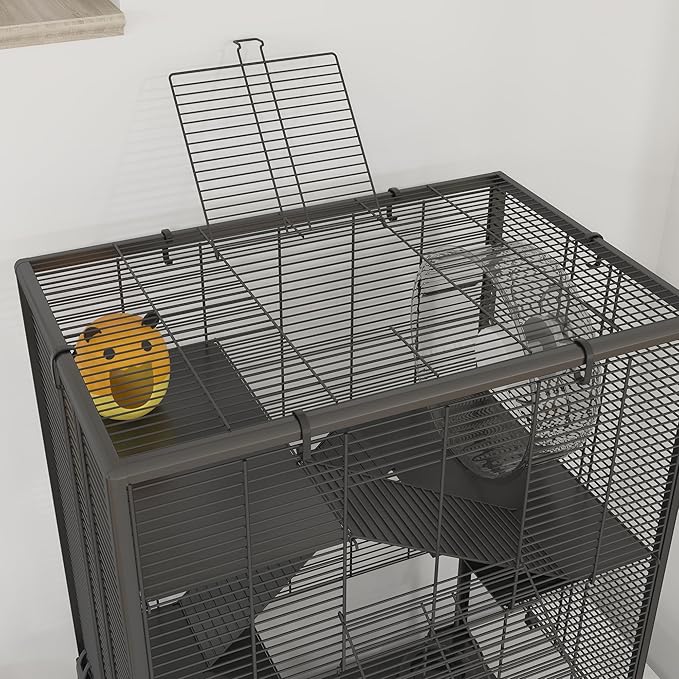 PawHut Large Hamster Cage with 9" Deep Tempered Glass Bottom, 4 Tiers Hamster Tank with Running Wheel, Hut, Water Bottle, Dish, Rat Cage for Syrian, Dwarf, Gerbils, Mouse, 24" x 16" x 31.5", Black