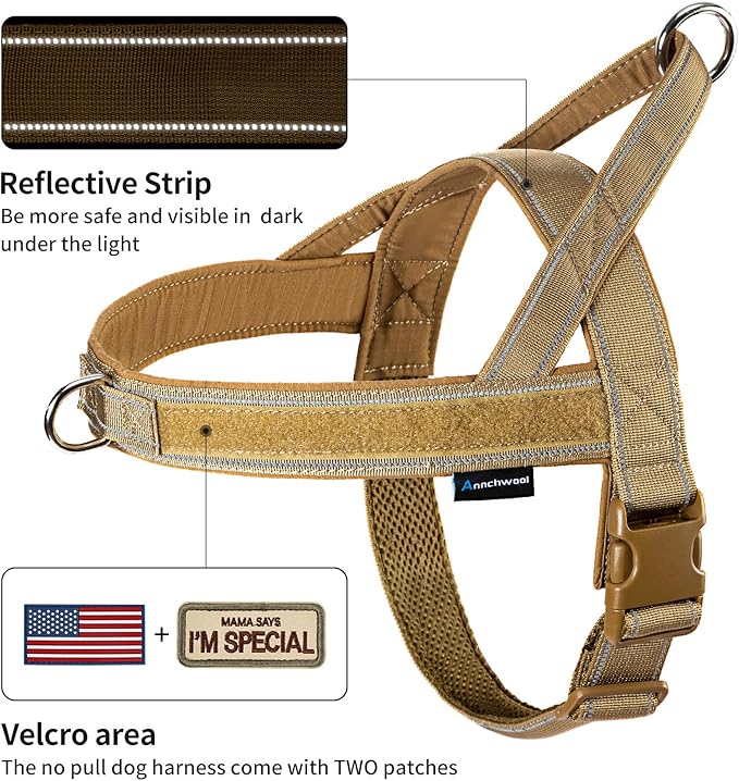 Annchwool No Pull Dog Harness with Padded Handle+5 Ft Leash,Reflective Strip Escape Proof and Quick Fit to Adjust Dog Harness,Easy for Training Walking for Small & Medium and Large Dogs(Brown-Set,XL)