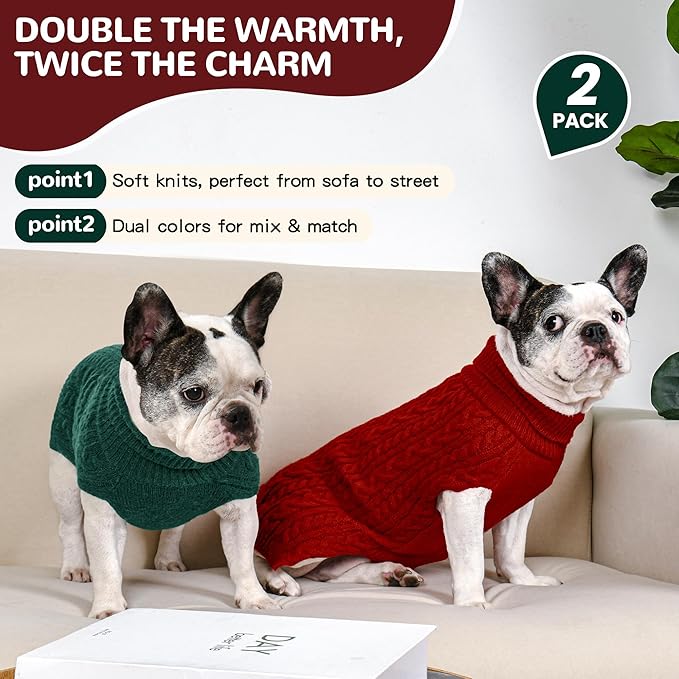 2 Pack Dog Sweaters for Medium Dogs Winter Turtleneck Pullover Cable Knit Fleece Stretch Frenchie Dachshund Pug Corgi Beagle Boy Girl Pet Clothes (M, Red & Green)