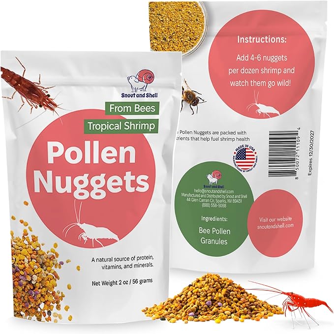 Snout and Shell Bee Pollen Nuggets for Shrimp Tanks – 100% Natural Shrimp Superfood Supplement – Boosts Color, Molting & Breeding – Slow Sinking, Low-Waste Nano Tank Food – 2 oz