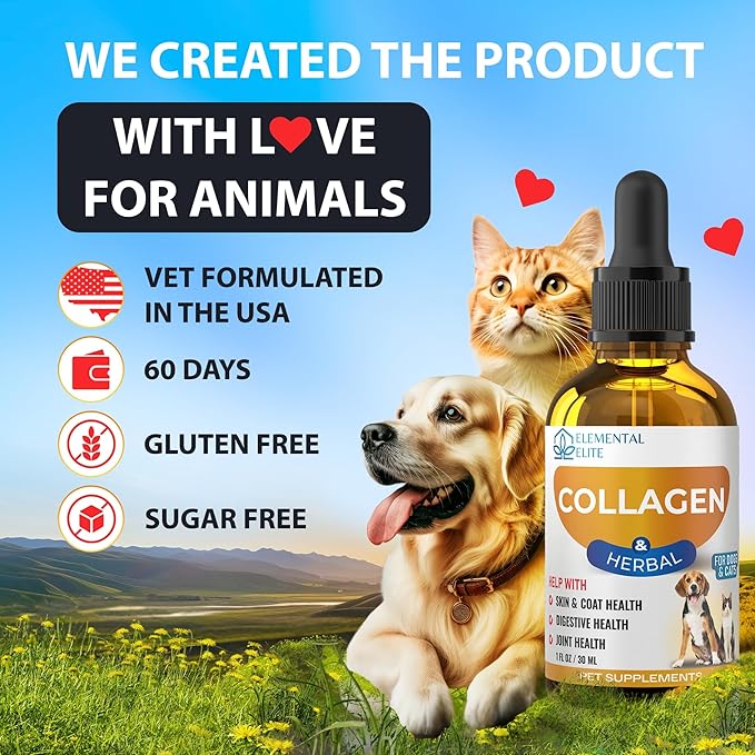 EDUZEBRA Liquid Collagen for Dogs and Cats, Skin & Coat Supplement, Itch Relief, Joint & Mobility Support, Enriched with Grass-Fed Collagen, Daily All-in-One Pet Health Formula