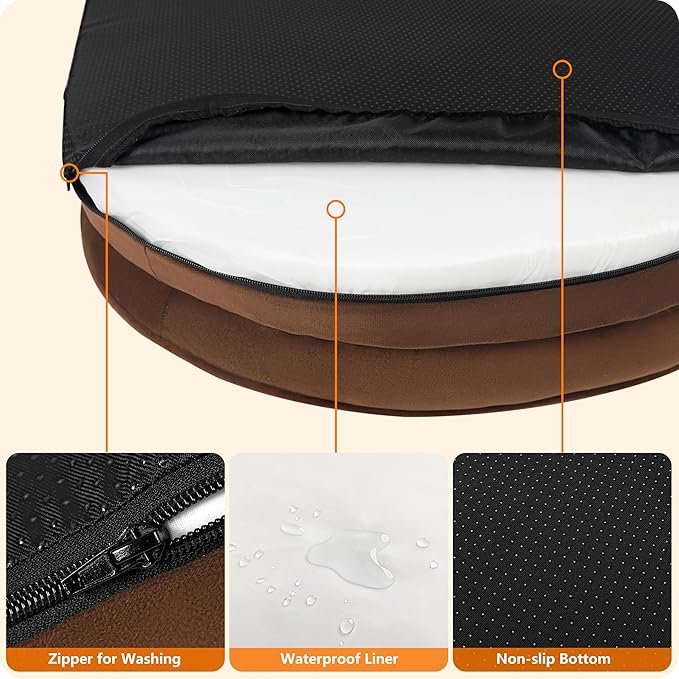 Dwanton Orthopedic Dog Bed for Medium Dogs with Gel Memory Foam, Waterproof Dog Sofa, Washable Pet Bed with Four Sided Bolster Cushion, Removable Cover & Non-Slip Bottom, 36", Brown