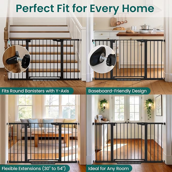 Cumbor 2 Pack 30-54" Baby Gate for Stairs, Dual Lock & Self-Closing Dog Gate for Doorways, Easy Install Pressure Mounted Pet Gates Indoor, Easy Walk Thru Wide Safety Proofing for Babies & Pets, Black