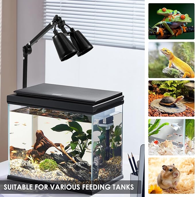 Reptile Lamp Stand, Adjustable 210° Rotation Dual Heat lamp Stand, Space Saving Tablet Floor Reptile Light Holder Double Suction Cup for Bearded Dragons Turtles Chameleons
