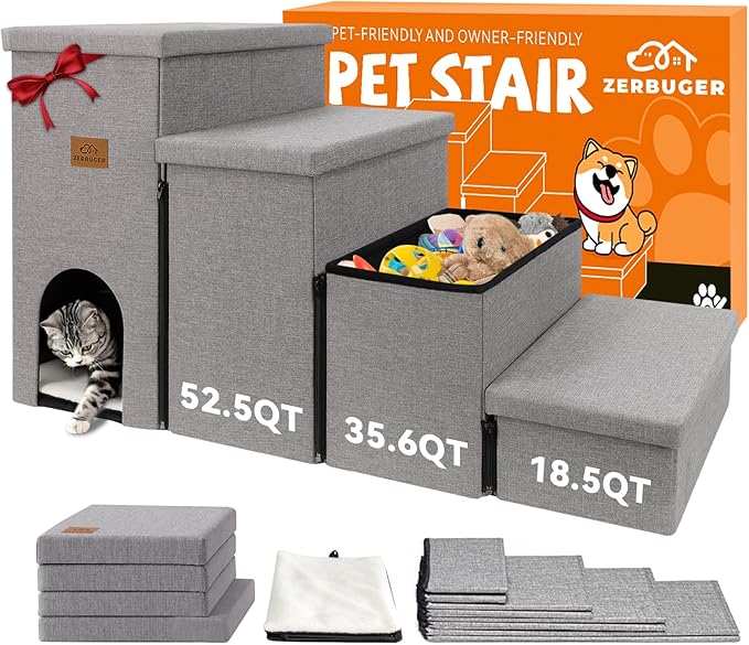 Zerbuger Dog Stairs 23" H, 4-Step Wider Dog Steps for High Beds Window, Folding Storage Pet Stairs Gift for Small/Medium/Large Old Dogs Cats, Ramp for Climbing Car Up to 200 lbs (Gray, with Condo)