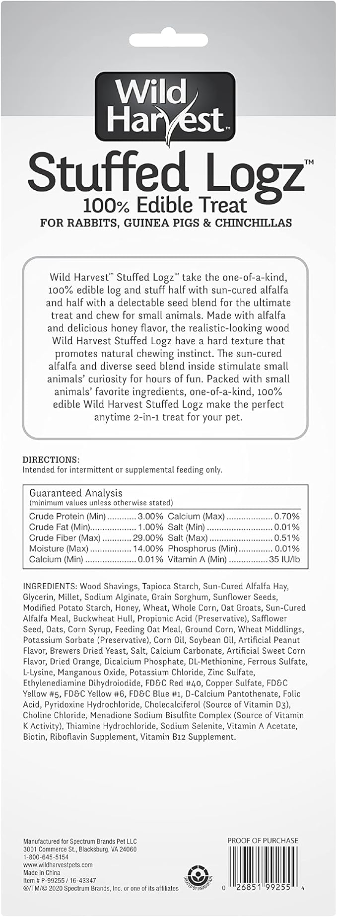 Wild Harvest Stuffed Logz 6 Count, Edible Treat for Rabbits, Guinea Pigs and Chinchillas, Artificial Peanut Butter Flavor (P-99255-1)