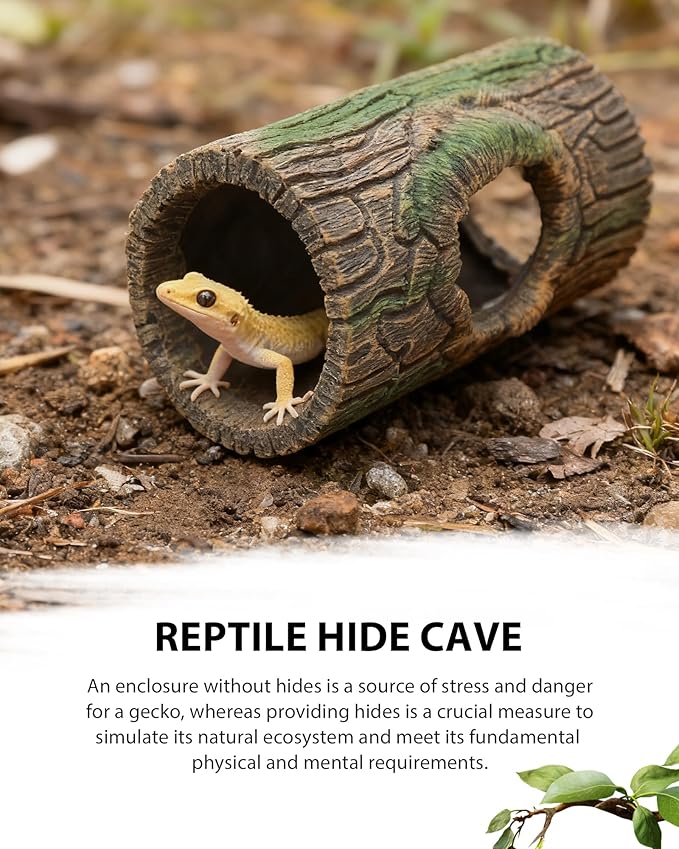 2 in 1 Magnetic Crested Gecko Hide, Reptile Hideout & Water Dish Food Bowl, Resin Hollow Log Cave, Reptile & Amphibian Habitat Hideouts, Aquariums & Terrariums Decor