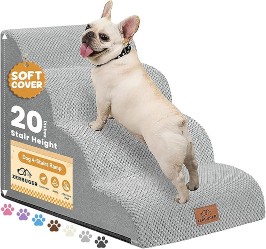 Zerbuger Dog Ramp and Stair for Bed 16" H-20 H,3-Step Cat Stair for Sofa and Chair,4-Step Dog Ramp for High Bed and Window,Durable Nonslip Fabric Cover for Indoor (Light Grey-20 H, Pet Friendly, 4)