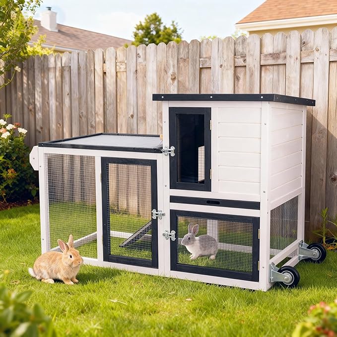 FunXplore Rabbit Hutch Indoor Bunny Cage Outdoor Chicken Coop with Wire Floor Slide Out Tray, Chew-Resistant Ramp & Entrance Openable Waterproof Roof & UV-Resistant Roof Handle Wheels